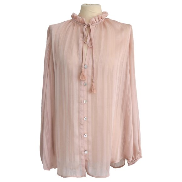 Show Me Your Mumu Oversized Sheer Blush Pink Ruffle Blouse XS Romantic Coquette - Picture 1 of 8